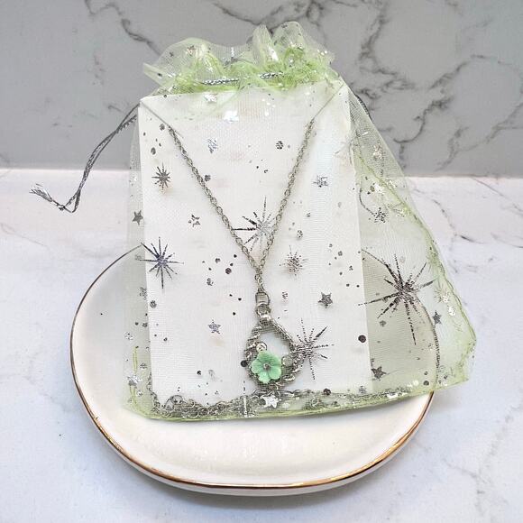 Green Flower Delicate Tear Drop Silver Necklace - 19" Chain - Picture 4 of 4